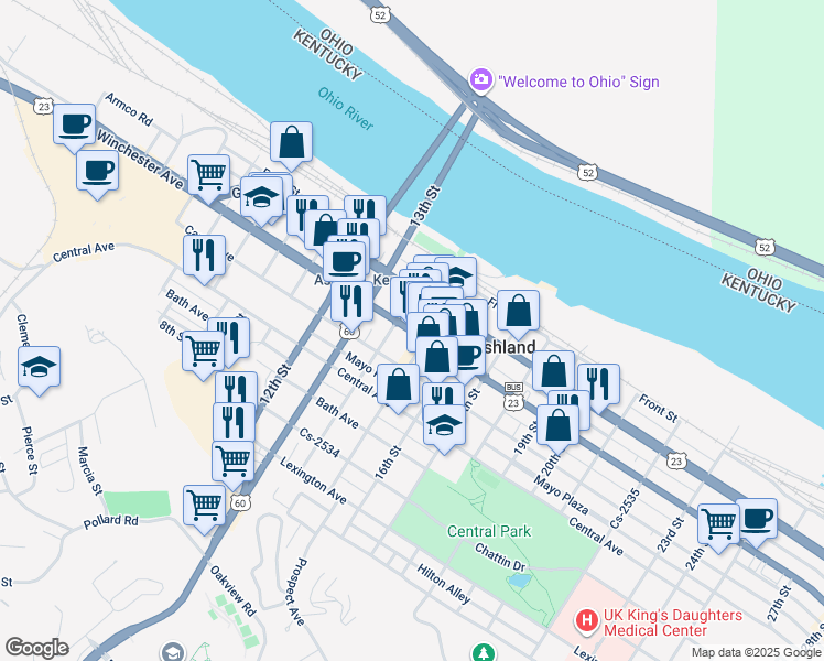 map of restaurants, bars, coffee shops, grocery stores, and more near 1401-1441 Winchester Avenue in Ashland