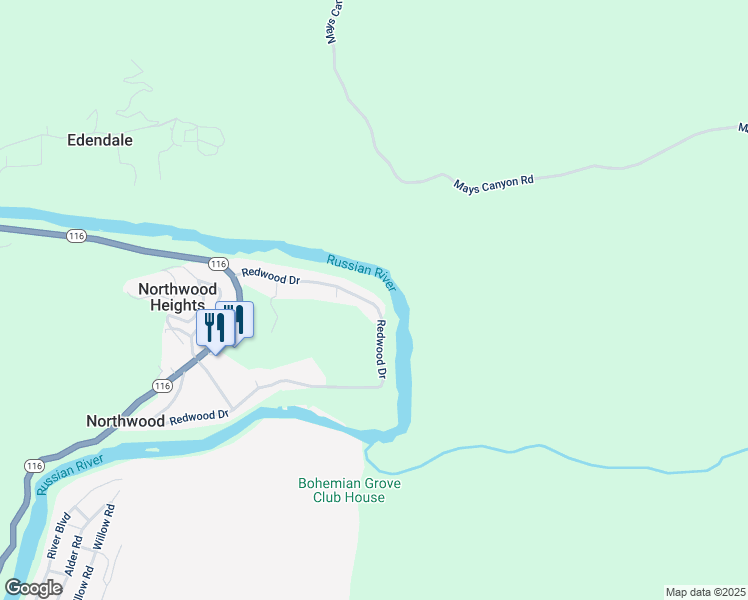 map of restaurants, bars, coffee shops, grocery stores, and more near 19495 Redwood Drive in Monte Rio