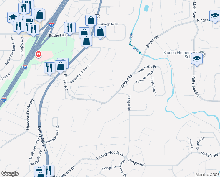 map of restaurants, bars, coffee shops, grocery stores, and more near 3922 Regalway Drive in St. Louis