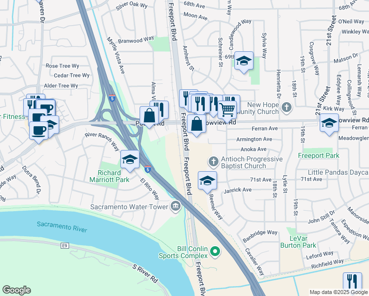 map of restaurants, bars, coffee shops, grocery stores, and more near 7624 Freeport Boulevard in Sacramento