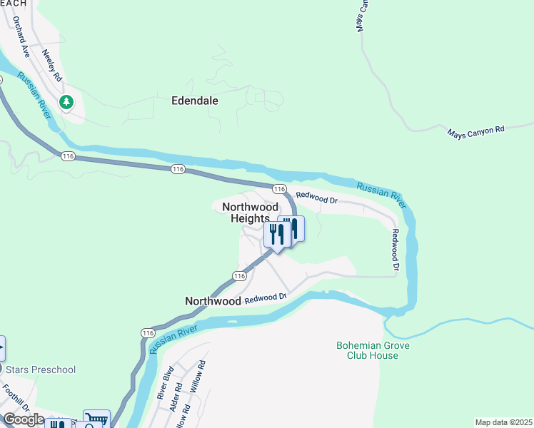 map of restaurants, bars, coffee shops, grocery stores, and more near 19106 Outlet Drive in Guerneville