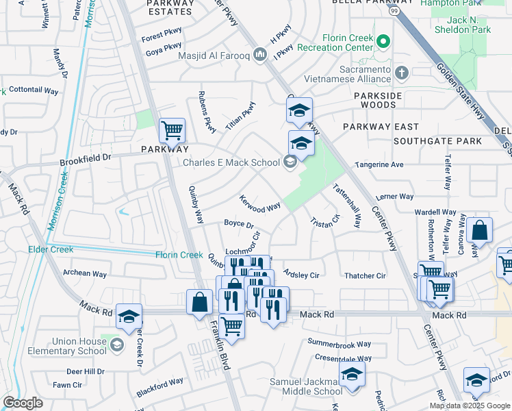 map of restaurants, bars, coffee shops, grocery stores, and more near 4701 Kerwood Way in Sacramento