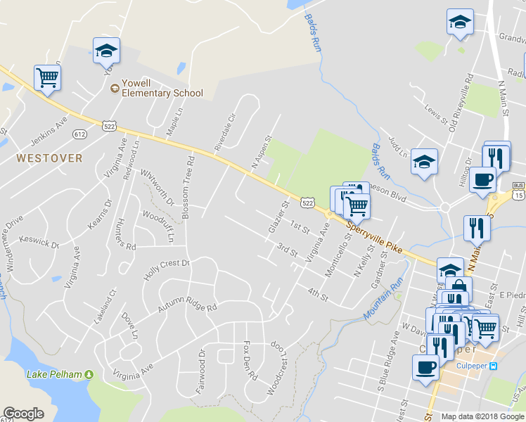 map of restaurants, bars, coffee shops, grocery stores, and more near 844 Fairview Village Court in Culpeper