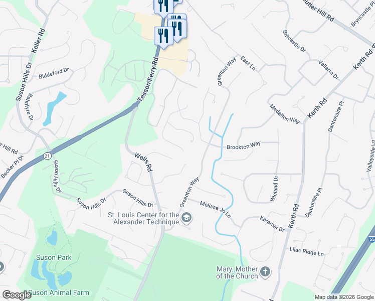 map of restaurants, bars, coffee shops, grocery stores, and more near 4923 Trailside Court in St. Louis