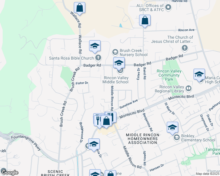 map of restaurants, bars, coffee shops, grocery stores, and more near 943 Middle Rincon Road in Santa Rosa