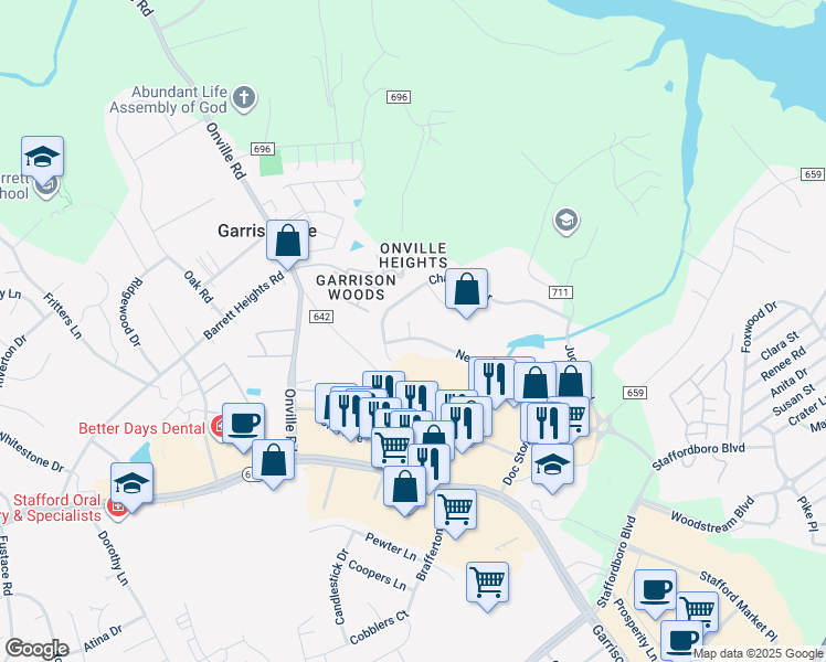 map of restaurants, bars, coffee shops, grocery stores, and more near 76 Newbury Drive in Stafford