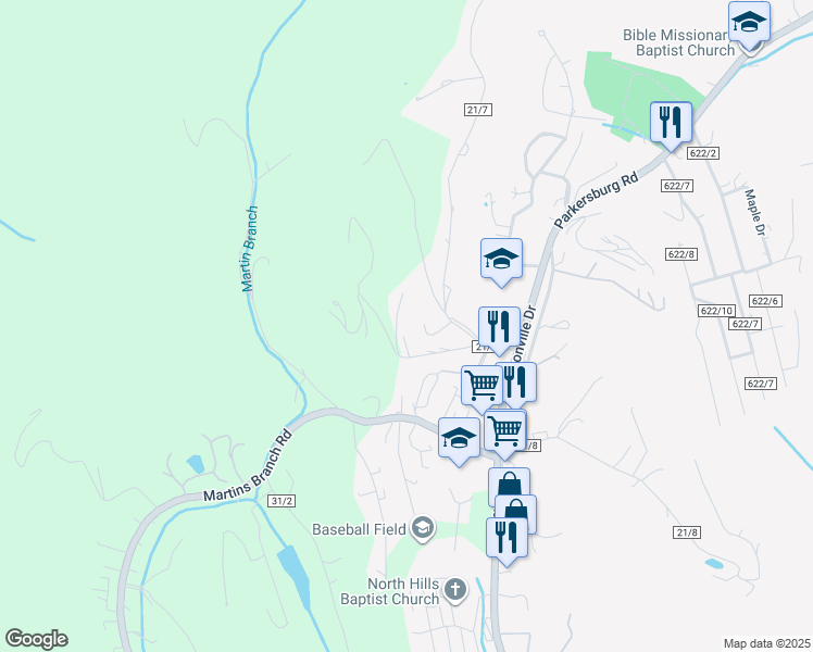 map of restaurants, bars, coffee shops, grocery stores, and more near Moms Road in Charleston