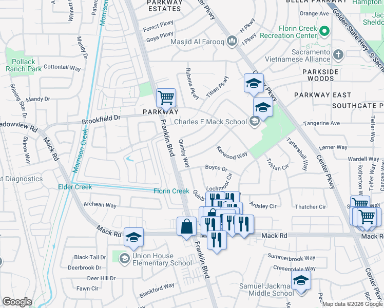 map of restaurants, bars, coffee shops, grocery stores, and more near 4571 Barbee Way in Sacramento