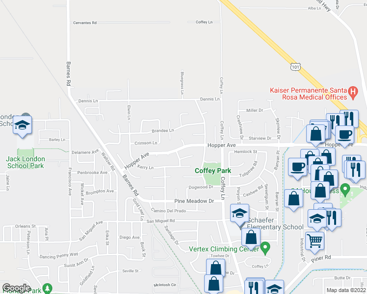 map of restaurants, bars, coffee shops, grocery stores, and more near 1571 Hopper Avenue in Santa Rosa