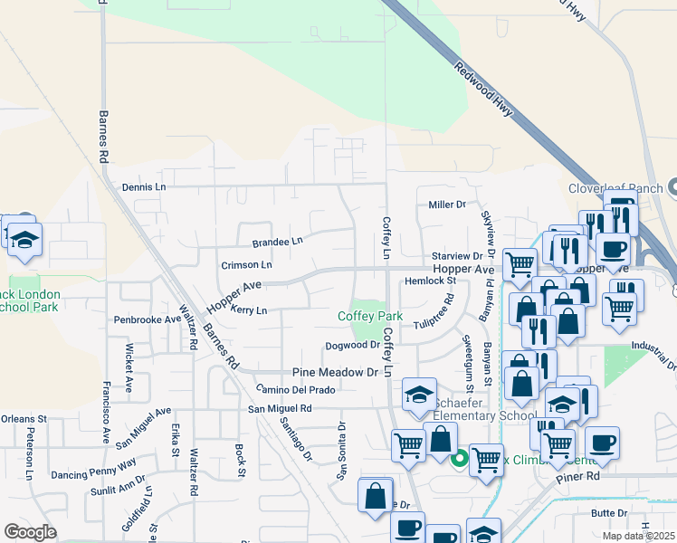 map of restaurants, bars, coffee shops, grocery stores, and more near 1618 Hopper Avenue in Santa Rosa