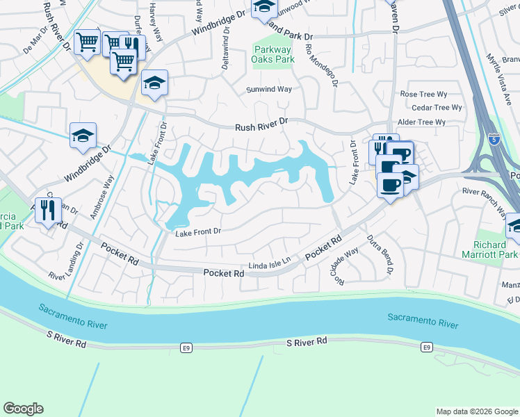 map of restaurants, bars, coffee shops, grocery stores, and more near 869 Lake Front Dr in Sacramento