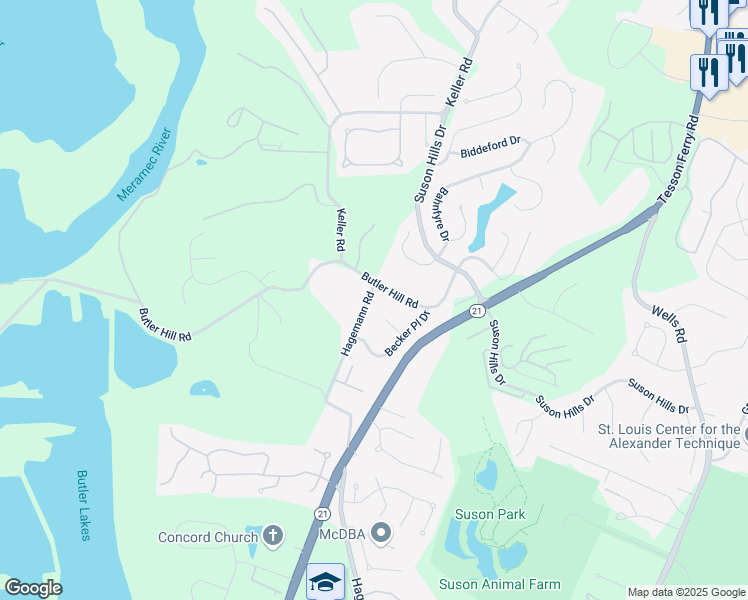 map of restaurants, bars, coffee shops, grocery stores, and more near 6006 Hagemann Road in St. Louis