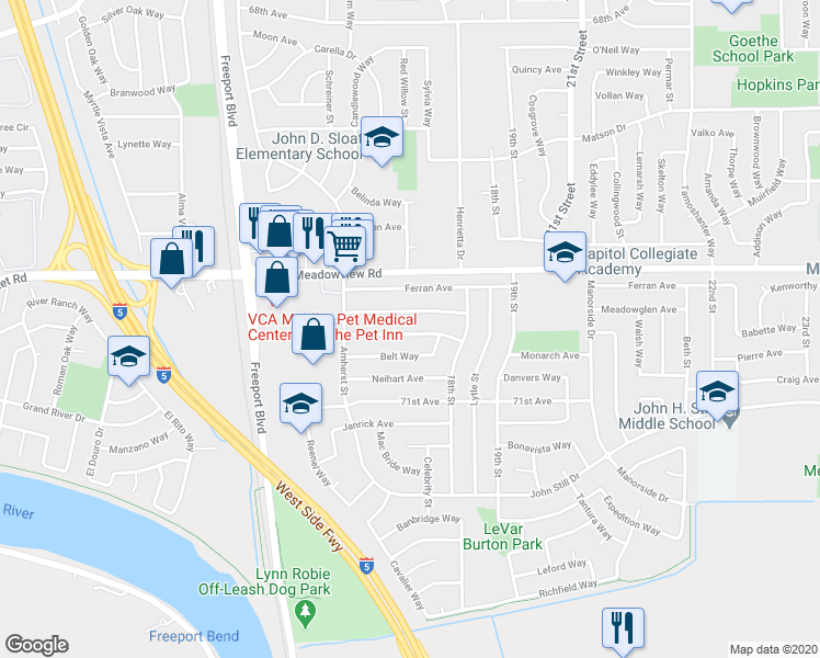map of restaurants, bars, coffee shops, grocery stores, and more near 1701 Anoka Avenue in Sacramento