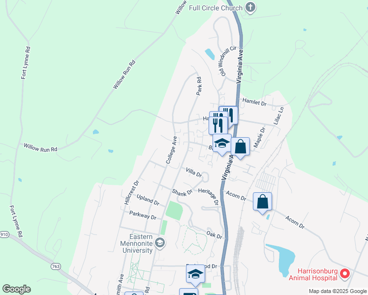 map of restaurants, bars, coffee shops, grocery stores, and more near 1632 College Avenue in Harrisonburg