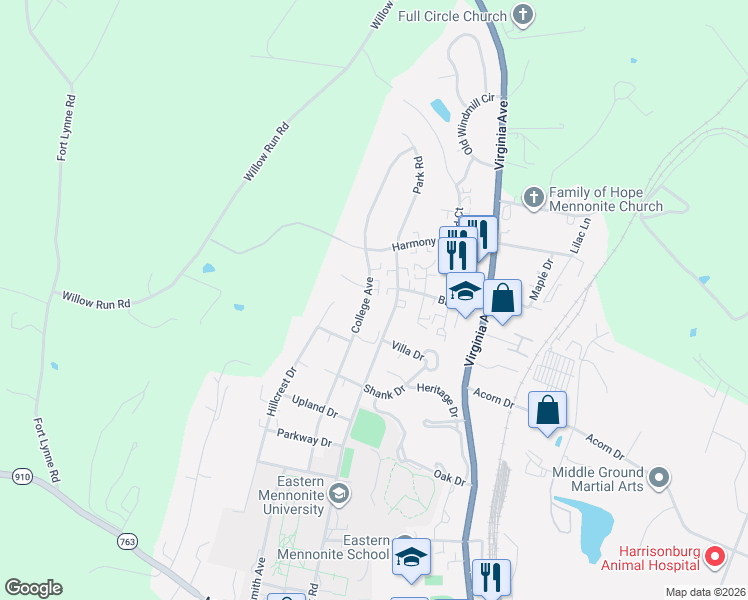 map of restaurants, bars, coffee shops, grocery stores, and more near 1632 College Avenue in Harrisonburg