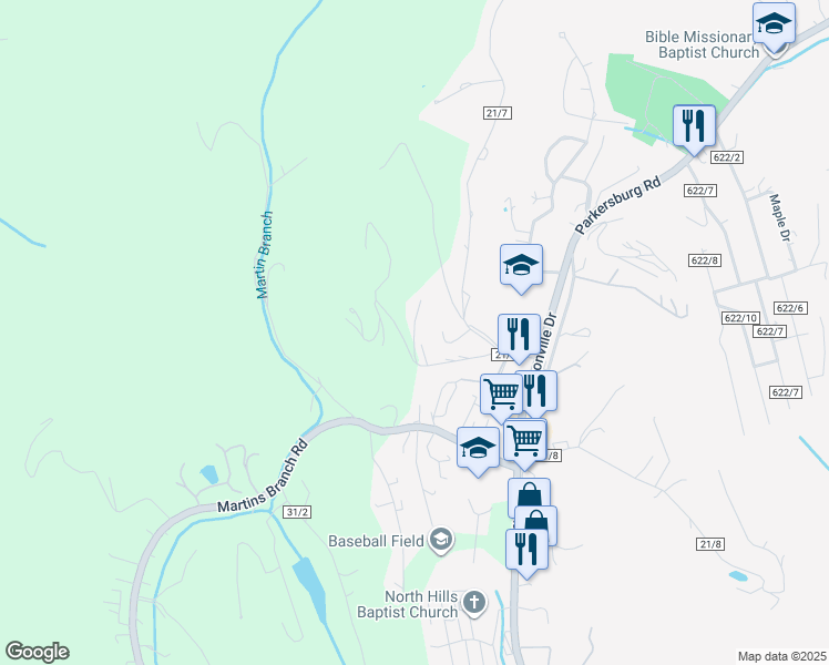 map of restaurants, bars, coffee shops, grocery stores, and more near Moms Road in Kanawha County