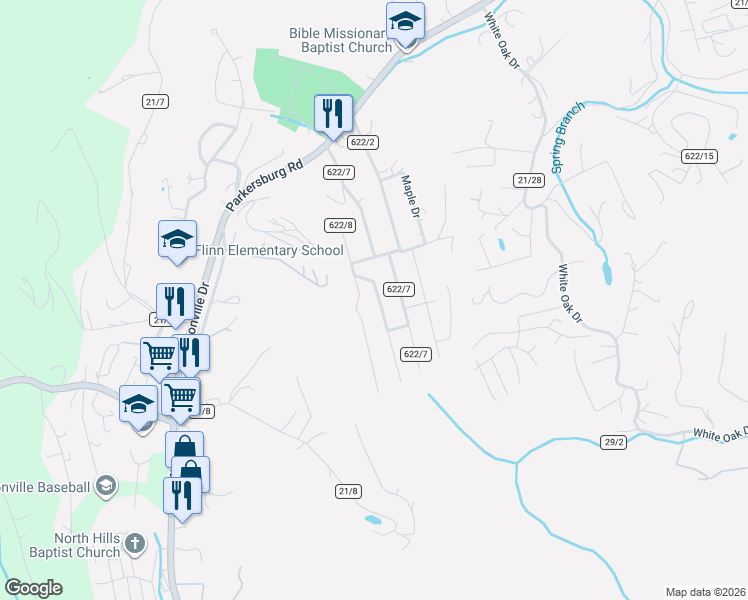 map of restaurants, bars, coffee shops, grocery stores, and more near 1701-1763 Winding Hill Drive in Sissonville