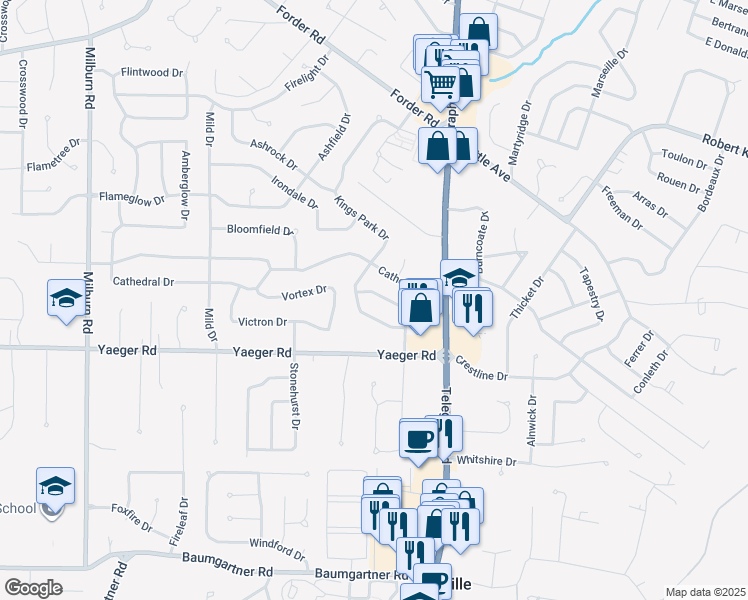 map of restaurants, bars, coffee shops, grocery stores, and more near 5321 Chatfield Drive in St. Louis