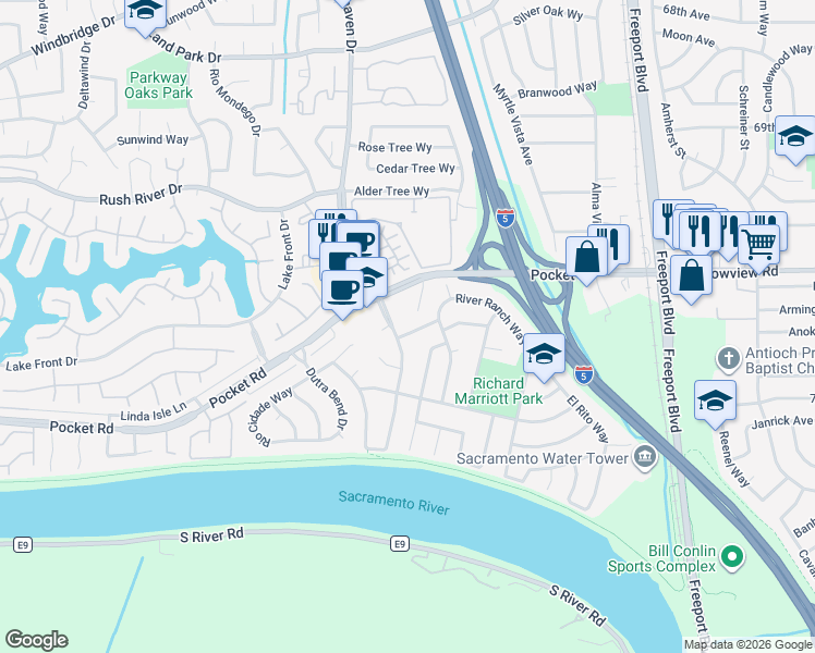 map of restaurants, bars, coffee shops, grocery stores, and more near 1183 Smoke River Way in Sacramento