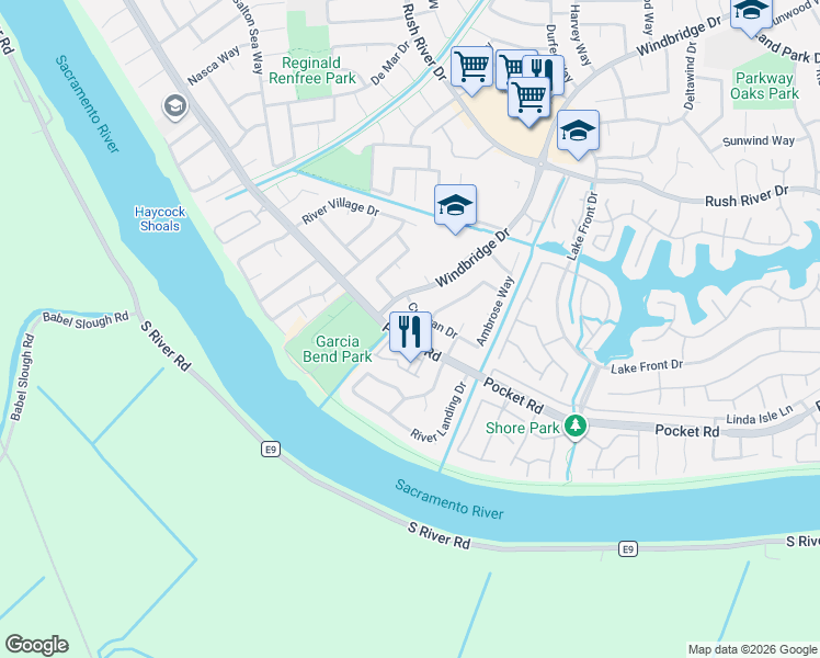 map of restaurants, bars, coffee shops, grocery stores, and more near 7691 Pocket Road in Sacramento