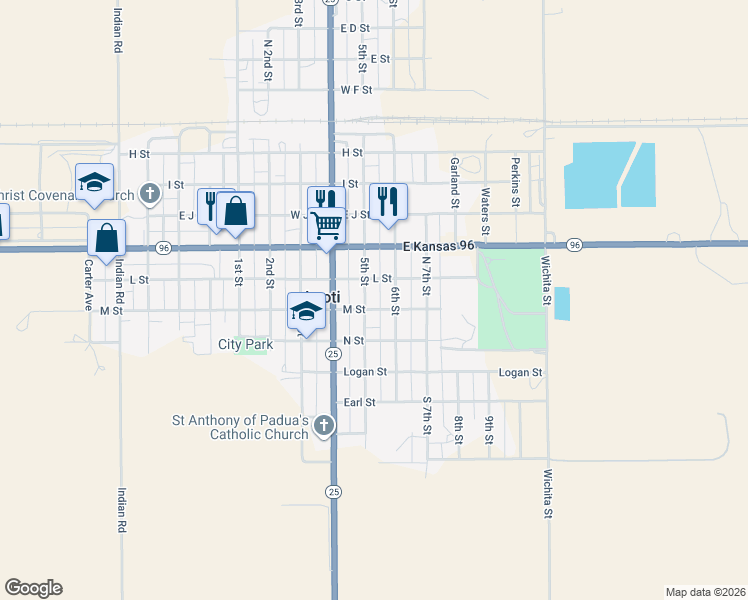 map of restaurants, bars, coffee shops, grocery stores, and more near 206-208 M Street in Leoti