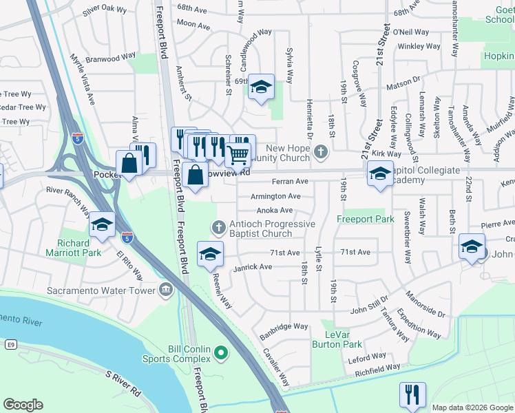 map of restaurants, bars, coffee shops, grocery stores, and more near 1573 Anoka Avenue in Sacramento