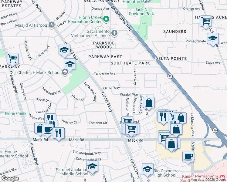 map of restaurants, bars, coffee shops, grocery stores, and more near 5461 Wardell Way in Sacramento