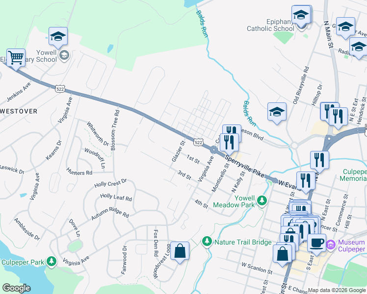 map of restaurants, bars, coffee shops, grocery stores, and more near 104 Glazier Street in Culpeper