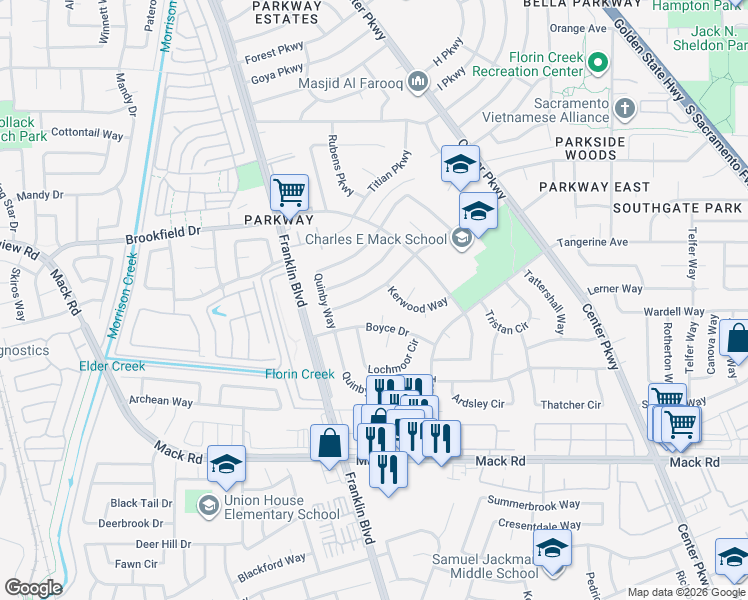 map of restaurants, bars, coffee shops, grocery stores, and more near 4616 Barbee Way in Sacramento