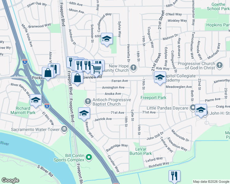 map of restaurants, bars, coffee shops, grocery stores, and more near 1701 Anoka Avenue in Sacramento