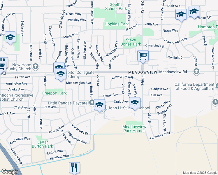 map of restaurants, bars, coffee shops, grocery stores, and more near 2227 Kenworthy Way in Sacramento