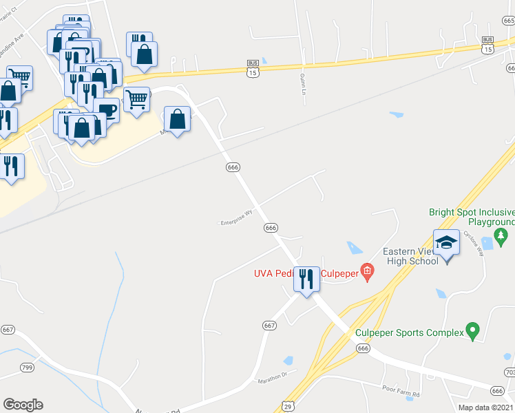 map of restaurants, bars, coffee shops, grocery stores, and more near Braggs Corner Road in Culpeper