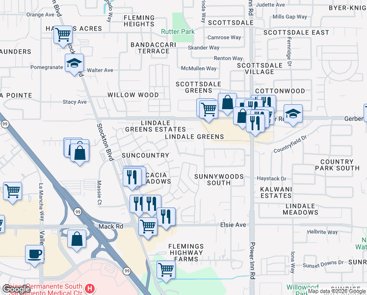 map of restaurants, bars, coffee shops, grocery stores, and more near 7613 Eagle Park Drive in Sacramento