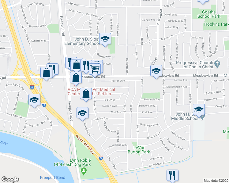 map of restaurants, bars, coffee shops, grocery stores, and more near 1701 Anoka Avenue in Sacramento