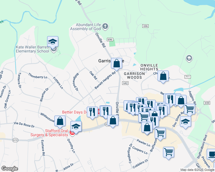 map of restaurants, bars, coffee shops, grocery stores, and more near 301 Mews Court in Stafford