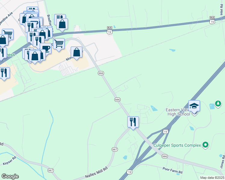 map of restaurants, bars, coffee shops, grocery stores, and more near Braggs Corner Road in Culpeper