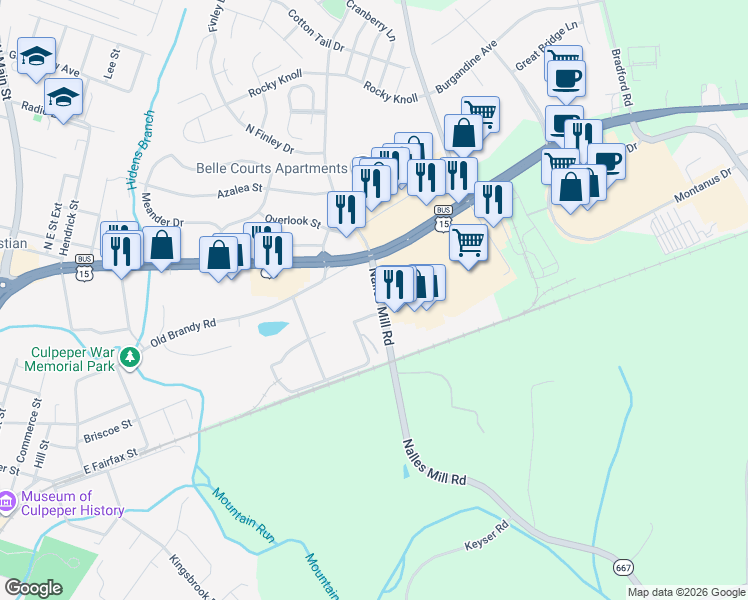 map of restaurants, bars, coffee shops, grocery stores, and more near 791 Nalles Mill Road in Culpeper