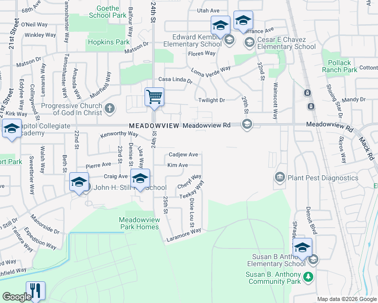 map of restaurants, bars, coffee shops, grocery stores, and more near 2610 Cadjew Avenue in Sacramento