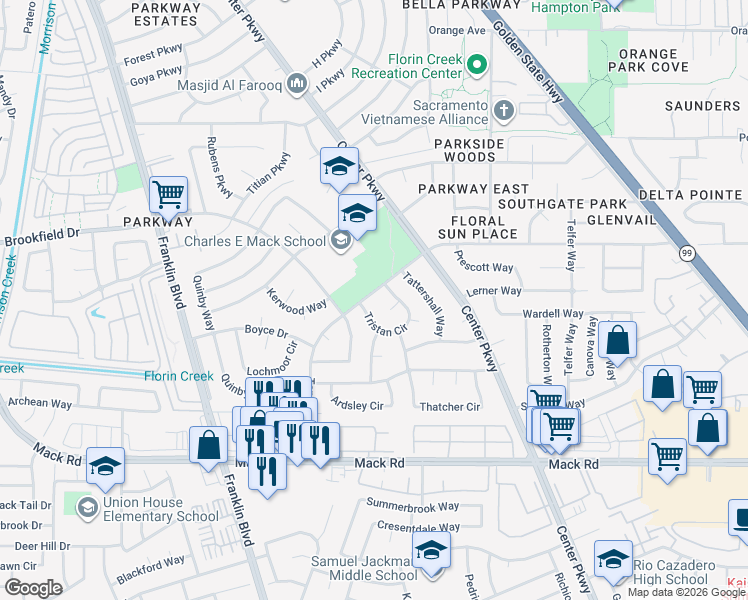 map of restaurants, bars, coffee shops, grocery stores, and more near in Sacramento