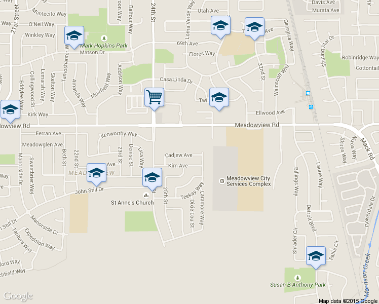 map of restaurants, bars, coffee shops, grocery stores, and more near 2610 Cadjew Avenue in Sacramento