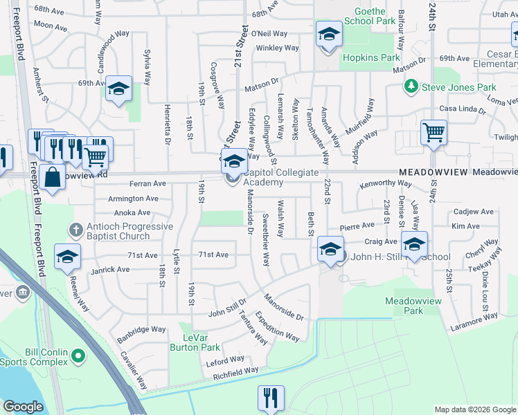 map of restaurants, bars, coffee shops, grocery stores, and more near 7648 Sweetbrier Way in Sacramento
