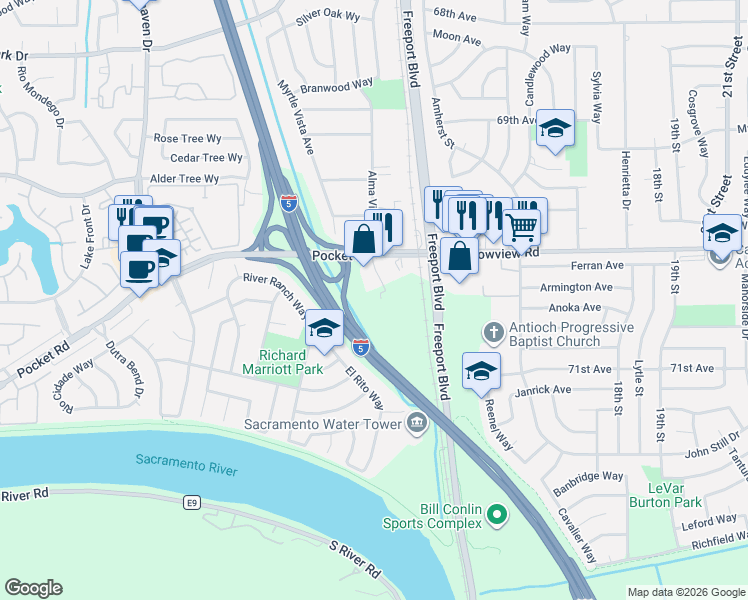 map of restaurants, bars, coffee shops, grocery stores, and more near 7600 Klotz Ranch Court in Sacramento