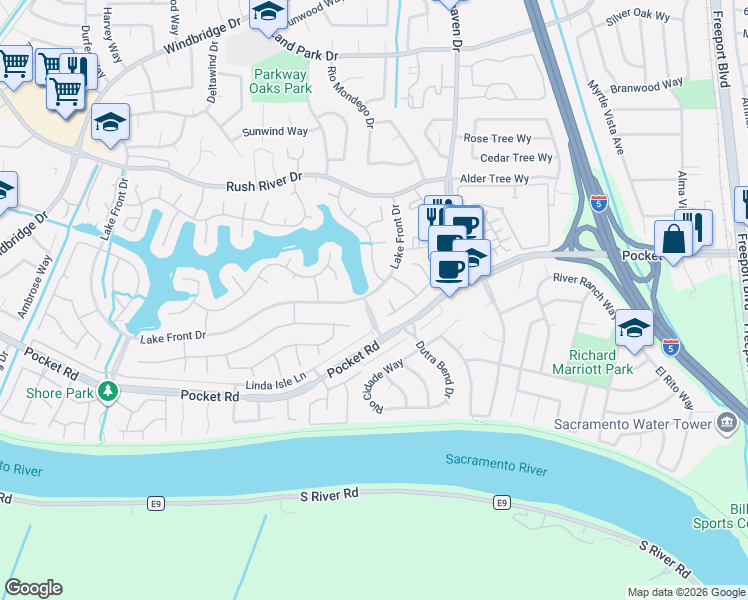 map of restaurants, bars, coffee shops, grocery stores, and more near 7703 East Shore Drive in Sacramento