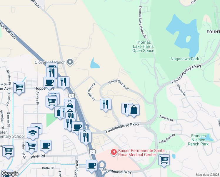 map of restaurants, bars, coffee shops, grocery stores, and more near 3585 Round Barn Blvd in Santa Rosa