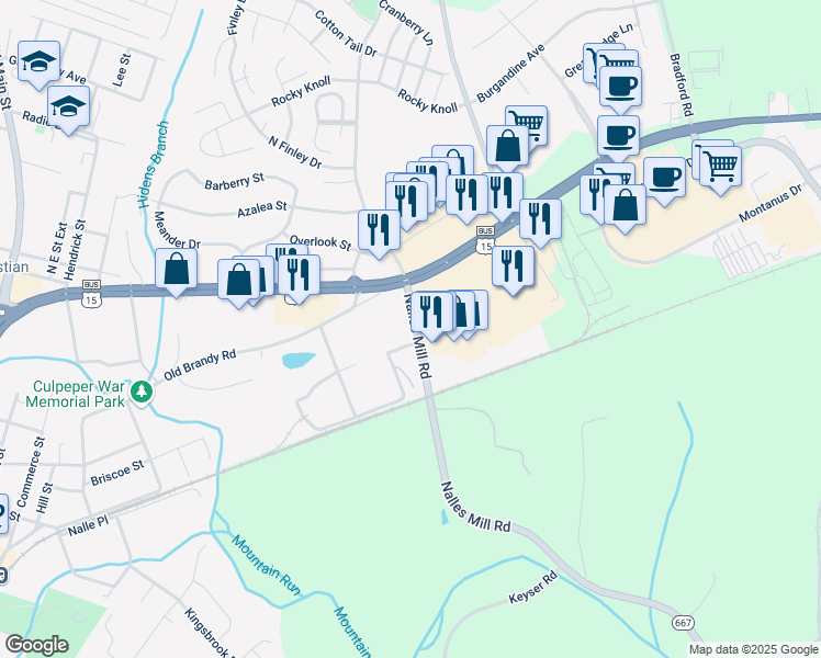 map of restaurants, bars, coffee shops, grocery stores, and more near 791 Nalles Mill Road in Culpeper