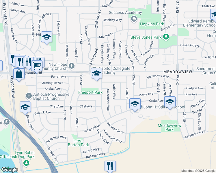 map of restaurants, bars, coffee shops, grocery stores, and more near 7637 Sweetbrier Way in Sacramento
