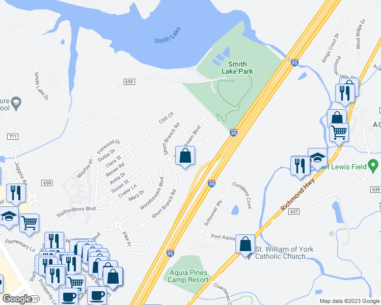 map of restaurants, bars, coffee shops, grocery stores, and more near Niday Drive in Stafford