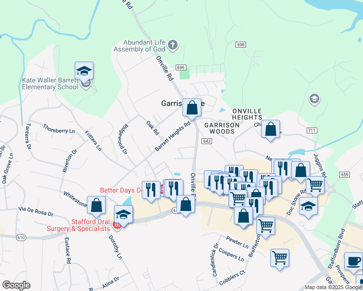 map of restaurants, bars, coffee shops, grocery stores, and more near 313 Mews Court in Stafford