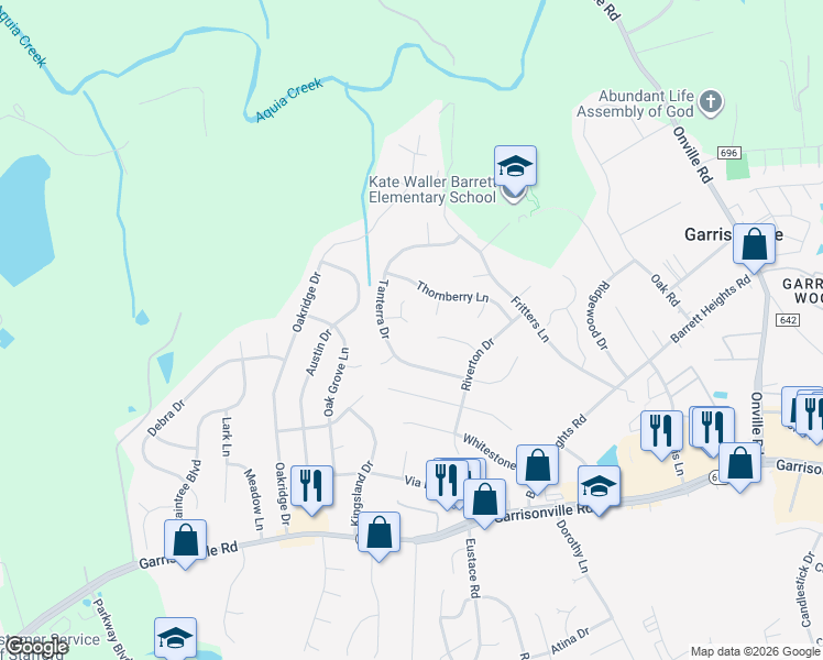 map of restaurants, bars, coffee shops, grocery stores, and more near 8 Tenbrooke Court in Stafford