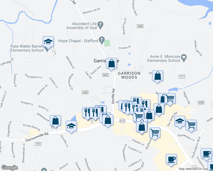 map of restaurants, bars, coffee shops, grocery stores, and more near 401 Mews Court in Stafford